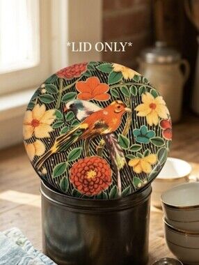Vintage Retro 80's Tea Tin Canister Birds and Flowers Replacement Lid *LID ONLY*
